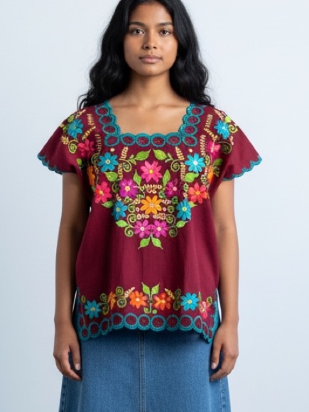 Artisanal Mexican huipil Blouse Top Burgundy Floral M/L